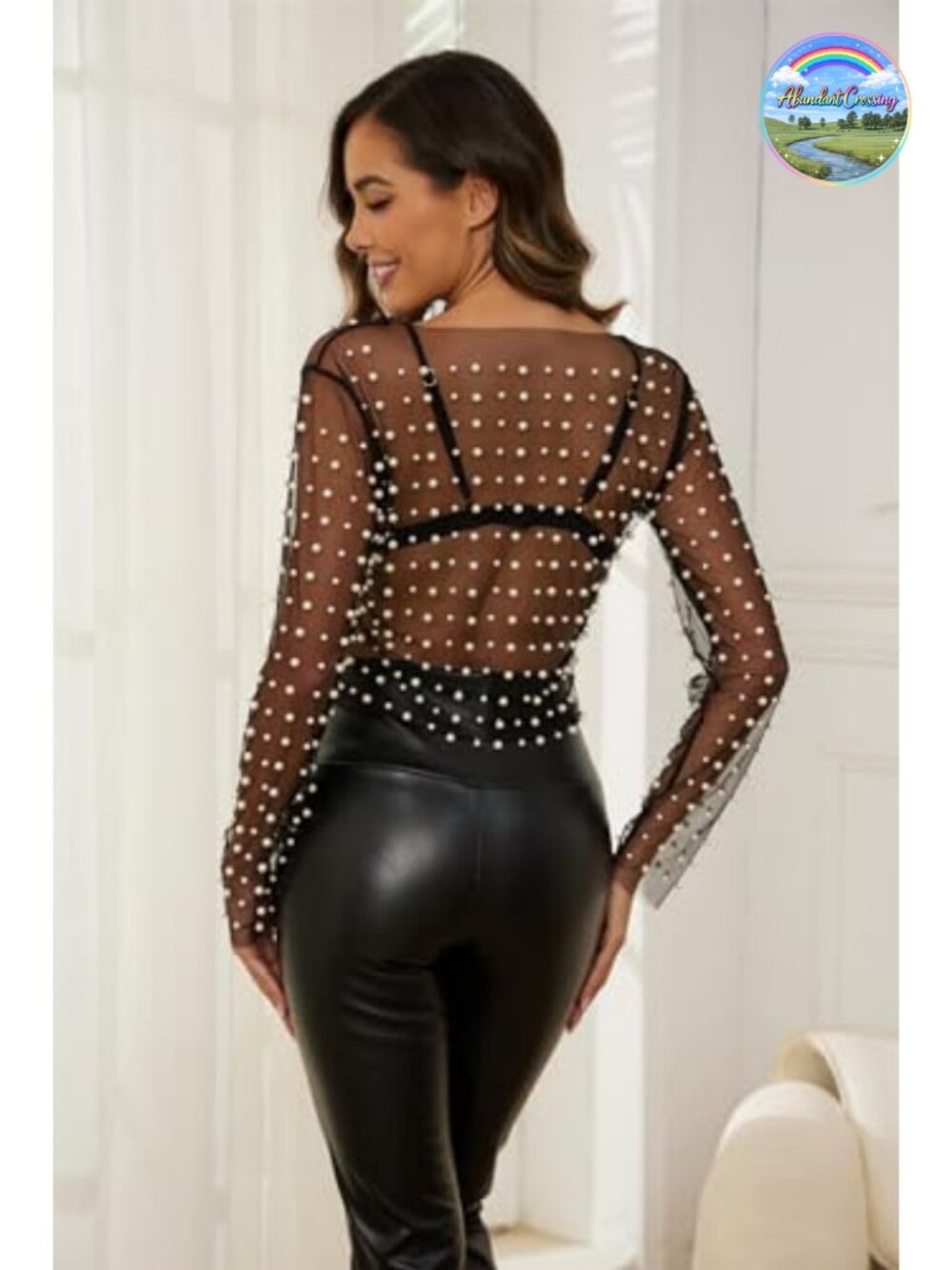 Sheer Mesh Pearl Rhinestone Crop Top Long Sleeve Y2K Clubwear Coverup - Picture 5 of 6